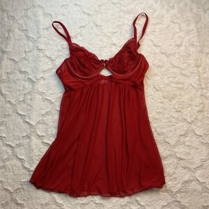 Red Lace Babydoll Lingerie Chemise‎ Gold Accent Sexy Sleepwear